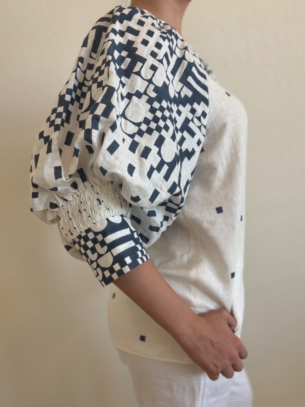 VARANA Luxury Puff Sleeve Top - Hand-Crafted Indigo &White Linen, Size US 4/UK 8